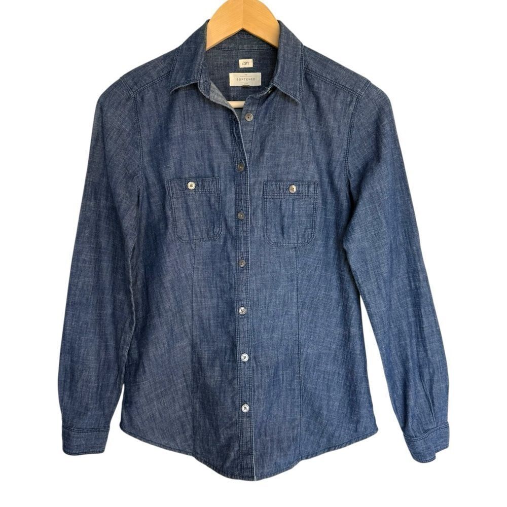 LOFT The Softened Shirt Chambray 100% Cotton Long Sleeve Button Down – Women's X